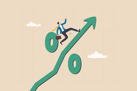 Success investment in interest rate rise or inflation increase, survive and growth in economic situation, sales or stock market investing concept, businessman investor running up on percentage graph.のイラスト素材