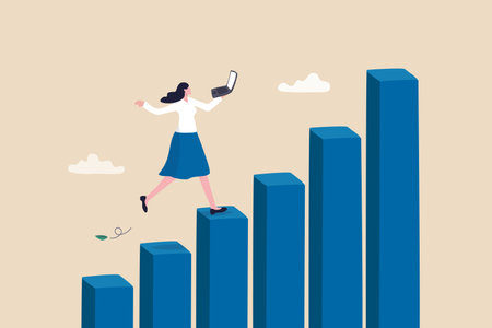 Growth or improvement, progress on career path to achieve business goal, motivation to success, step to skill development concept, businesswoman working on laptop walk up growing graph and chart.のイラスト素材