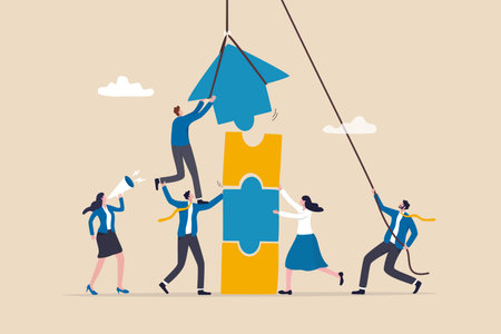 Teamwork working together to success, cooperation or team building collaborate to solve problem, partnership, help and support, business people colleagues help work together to connect jigsaw puzzle.のイラスト素材