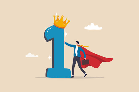 First winner achievement, success or business victory, award winning celebration or best employee of the month, triumph concept, success businessman superhero stand with 1st place award with crown.のイラスト素材