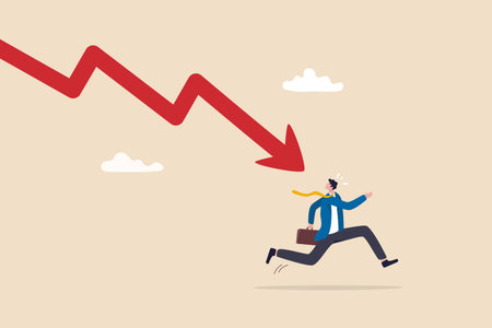 Business failure, economic recession or investment loss or stock market falling down, crisis or crash, investing risk or depression concept, failed businessman run away from falling down arrow chart.のイラスト素材