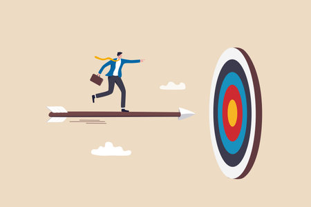 Aiming to hit business goal or target, skill or focus to achieve success, aspiration or performance, purpose or objective concept, confidence businessman on arrow bow aiming to hit target bullseye.のイラスト素材