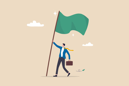 Business victory, mission accomplishment or success achievement, leadership or triumph to win competition, challenge concept, success businessman raising winning flag with triumph and proud.のイラスト素材