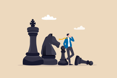 Strategic thinking to win business competition, marketing strategy or planning to make decisions, challenge or problem solving concept, contemplation businessman thinking with chess pieces.のイラスト素材