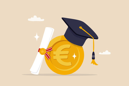 Education cost, tuition or scholarship, money for university or graduation, school expense or student debt, college diploma concept, Euro money coin with mortarboard graduation cap and certificate.のイラスト素材