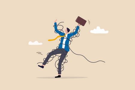 Business problem or failure, difficulty or hard to do, messy or tangled, complicated problem or trouble, busy job or mess, suffering or struggle, frustrated businessman with tangled messy rope around.のイラスト素材