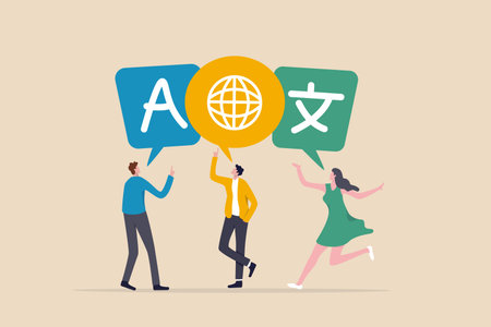 Language learning, translation or international communication, global or multilingual education, foreign diversity concept, young adult people talking with foreign international language symbol.のイラスト素材