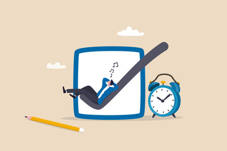 Easy completed task or finish work within deadline, efficiency or productivity, tick checkbox or work done, effort or check list concept, businessman relax sleep on complete checkbox with alarm clock.のイラスト素材