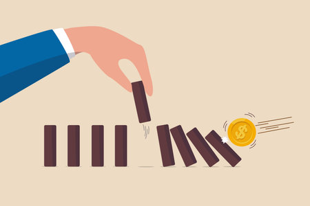 Stop loss or effort to avoid market crash or banking collapse, economic recession, problem prevention, help or rescue concept, businessman hand stop domino effect or financial chain reaction collapse.のイラスト素材