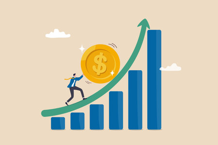 Compound interest exponential growth, investing earning profit, wealth management or savings, pension fund growing in long term investment concept, businessman push money coin up exponential graph.のイラスト素材