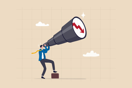 Economic forecast downturn, vision to see recession, stock market crisis or financial failure, inflation going down concept, businessman look on telescope falling down red arrow graph in the future.のイラスト素材