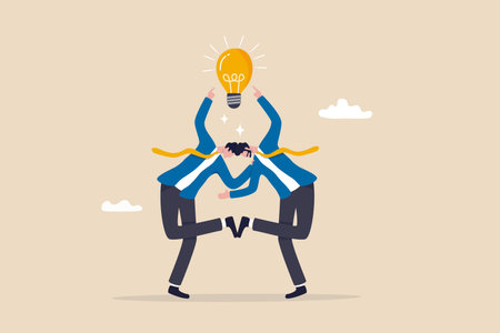 Cooperation to success together, brainstorm new idea or share knowledge, collaborate to get solution, team innovation or partnership, businessmen in think together posing pointing at lightbulb idea.のイラスト素材