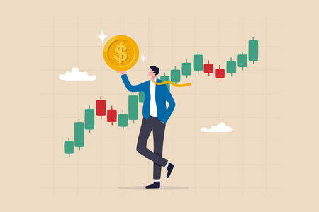 Stock market trader, technical analysis to buy and sell stock to earn profit, investment or wealth management, trend following concept, businessman trader hold money dollar coin with chart and graph.のイラスト素材