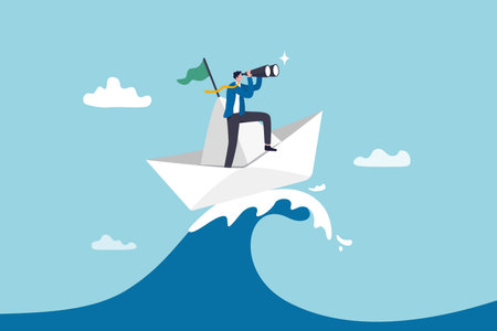 Vision to see opportunity, leadership to lead to success, search for challenge, look for goal, strategy to win business concept, businessman leader look through binocular on the ship in storm ocean.のイラスト素材