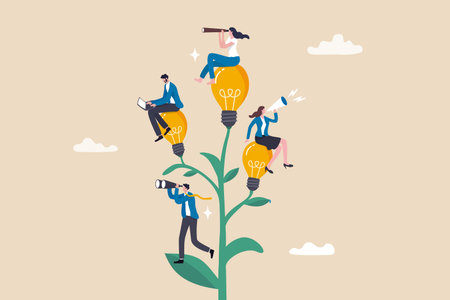 Corporate culture or employee value, organization, team success or career growth, community or company growth participation, HR concept, business people employee working on growing lightbulb plant.のイラスト素材