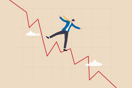 Investing in market downturn, recession or financial crisis, short sell or make profit in stock market, crypto currency decline concept, smart businessman trader acrobat walking on red decline graph.のイラスト素材
