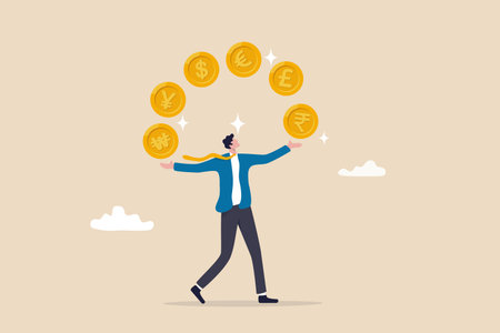Currency exchange, international money transfer or foreign exchange, forex trading, global financial economy or currency convert concept, rich businessman juggling various international money coins.のイラスト素材