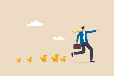 Leadership to lead team to success direction, employees follow manager guidance, domination or motivate staffs concept, confidence businessman leader pointing direction with following duckling.のイラスト素材