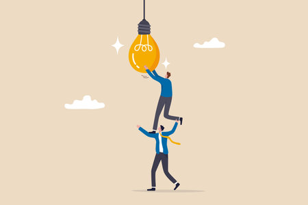 Partnership to success together, teamwork help get solution to solve problem, support to togetherness, collaboration and cooperation concept, businessman help support coworker to turn on lightbulb.のイラスト素材