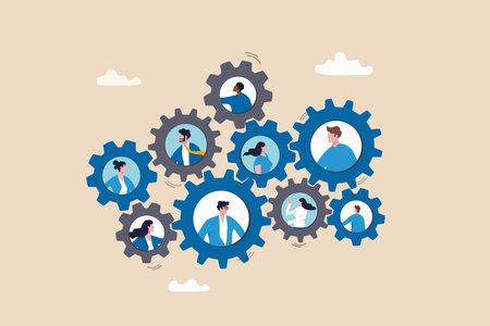 Team or organization, office role or job position or skills to drive company, teamwork or collaboration for success, team effort concept, business people working to rotate connected cogwheels gear.のイラスト素材