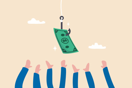 Fraud money, scam investment or ponzi scheme, financial crime, cheating or bait for illegal investing concept, businessman hands trying to catch fishing bait with dollar banknote money.のイラスト素材