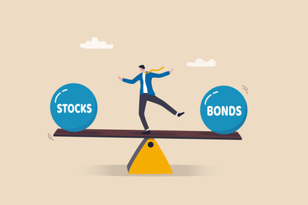 Stocks vs bonds in investment asset allocation, risk assessment portfolio or expected return in long term mutual funds, pension fund concept, businessman investor balance on stocks and bonds seesaw.のイラスト素材