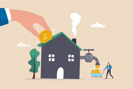 Property or real estate investment, buy a house for rental profit, ROI, return on investment or mortgage, house ownership or investing opportunity concept, businessman hand put coin with money return.のイラスト素材
