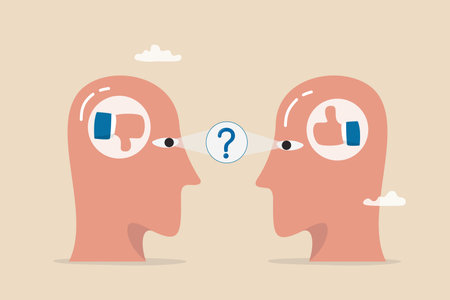 Perception process to interpret information, though or opinion depend on personality or perspective, difference bias or illusion concept, human head looking at object with difference perception.のイラスト素材