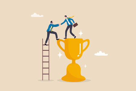 Partnership help success, support or mentor to assist to achieve goal and win together, teamwork, trust or leadership concept, businessman help colleagues to climb up ladder step on winning trophy.のイラスト素材