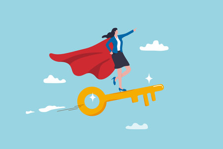 Key success to unlock true potential to win business or career improvement, moving forward for bright future, new opportunity or business direction concept, businesswoman leader ride gold key success.のイラスト素材