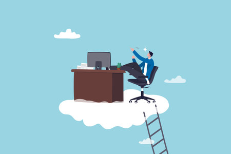 Dream job or ideal work, perfect workplace or career success, opportunity for best job, promotion or aspiration concept, success businessman working dream job on his desk on the cloud with ladder.のイラスト素材