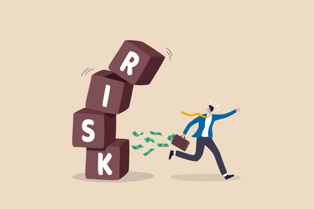 Risk averse, avoid or minimize risk, run away from uncertainty, fear or safety decision for investment, prefer security or stability concept, businessman investor run away from risk collapsing box.のイラスト素材