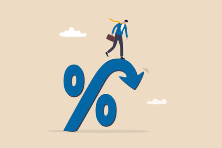Inflation or interest rate falling down, decrease or reduction, profit fall in economic recession, stock market value loss, FED reduce interest rate, businessman on percentage sign with falling down.のイラスト素材