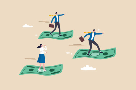 Cash flow, investment direction or financial trend, profit or earning from business, income or salary, stock market investing, wealth expert concept, business people riding flying money banknotes.のイラスト素材