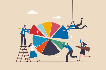 Employee participation, partnership or collaboration to success, teamwork or team effort for business development, statistic or analytics concept, business people colleagues help building pie chart.のイラスト素材