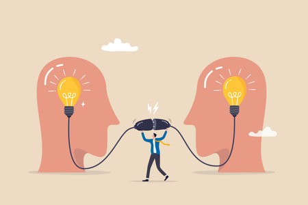 Communication for success, connect idea or understanding, agreement or solving problem together, cooperation or collaboration concept, businessman connect to bright up lightbulb idea on human head.のイラスト素材