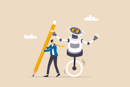AI Artificial Intelligence work with human, robot or automation to help success, robot to replace human employment, job uncertainty concept, frustrated businessman working with pencil with AI robot.のイラスト素材