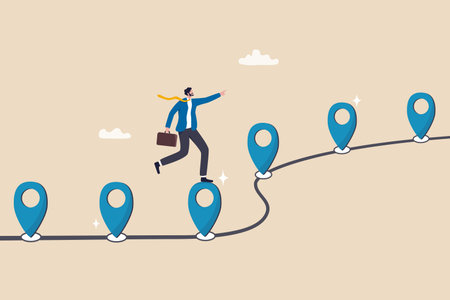 Roadmap, project milestone or business journey achievement, workflow or process timeline to success, step planning or progress concept, businessman run on milestone location pin on business roadmap.のイラスト素材