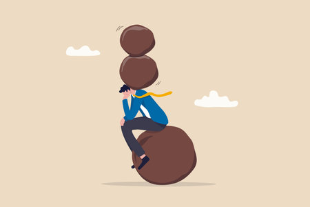 Burden, obligation to pay off, heavy stress problem or difficulty, work pressure thinking to make decision, overload duty or overthinking concept, businessman thinking with heavy burden boulder rock.のイラスト素材