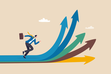 Career decision, choosing direction choices for future opportunity, different path to success, decide or progress options for career growth concept, businessman running to different arrow pathway.のイラスト素材