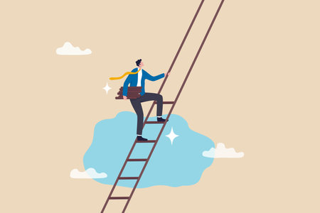 Build ladder of success, develop stair to improve opportunity, career path or job achievement, growth step to progress overcome challenge concept, businessman build ladder of success to climb up.のイラスト素材