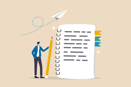 Write note or message on notebook paper, writing document, memo or lecture, record information, diary or article concept, business man holding pencil writing message on notebook paper.のイラスト素材