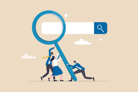 Search new job, finding candidate or discover talent, hiring and recruitment, SEO search engine optimization, find career opportunity concept, business people HR push magnifying glass on search bar.のイラスト素材