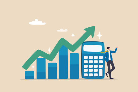 Calculate revenue growth, growing income or investment earning, tax, accounting or profit calculation, financial evaluation concept, businessman with calculator and growth chart diagram growing arrow.のイラスト素材