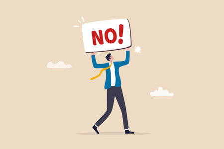 Say no, negative or stop sign, rejection or refuse to do thing, disagreement expression, communicate to stop or denied concept, businessman hold sign with the word NO with strong rejection impression.のイラスト素材