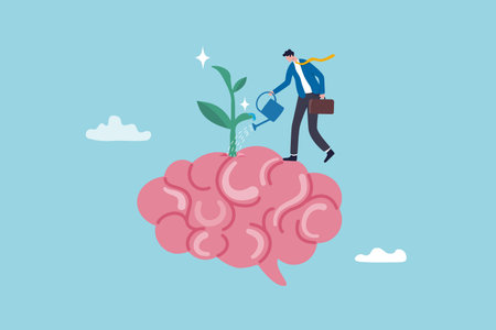 Growth mindset positive attitude to learn new thing, improvement to success, brain motivation or challenge to achieve goal, learning concept, businessman watering growth seedling on his brain.のイラスト素材