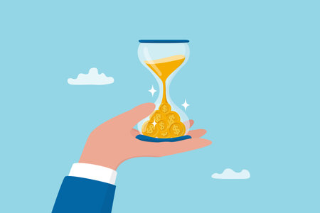 Time is money, long term investment to gain profit earning, interest rate return from savings, salary growth or wage increase concept, businessman hand holding hourglass with sand falling to money.のイラスト素材