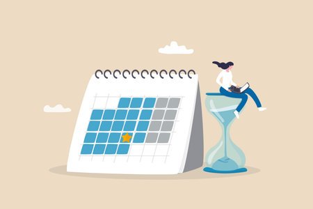 Calendar deadline to finish work, time countdown to launch date, reminder or planner, organize work or project management concept, businesswoman work computer laptop on sandglass and calendar date.のイラスト素材