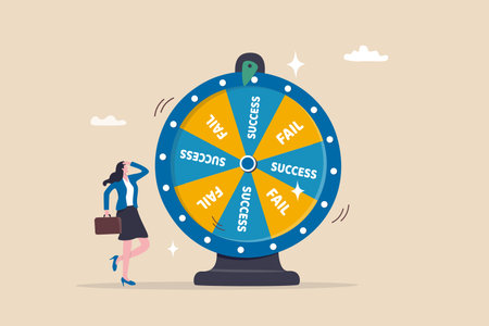 Success or failure, challenge to win opportunity, career or job risk to fail or achieve success, luck or fortune, winner or loser concept, businesswoman looking fortune wheel of success and fail.のイラスト素材