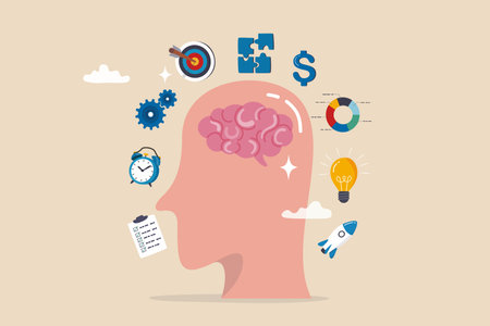 Genius or expert to develop or learning new skills, brainstorming, knowledge or wisdom, competence or intelligence to improve capability concept, human brain with success business management elements.のイラスト素材